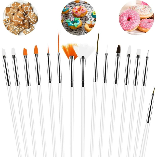 15Pcs Cake Decorating Brushes, Cake Painting Brushes Kit Food Safe Paint Brushes Multiple Function Cookie Brushes Fondant Sugar DIY Tool Set Candy Icing Pastry Brush for Baking(White)