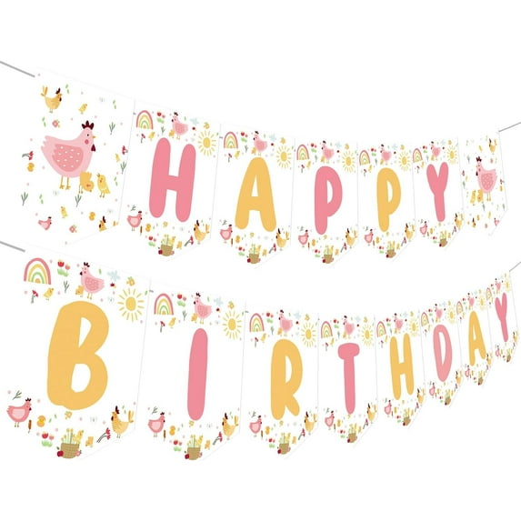 15Pcs Chicken Themed Happy Birthday Banner, Yellow Chicken Farm Animals Banner for Boys Girls Baby Chicken Birthday Party Chick Party Farm Animal Themed Birthday Party Supplies