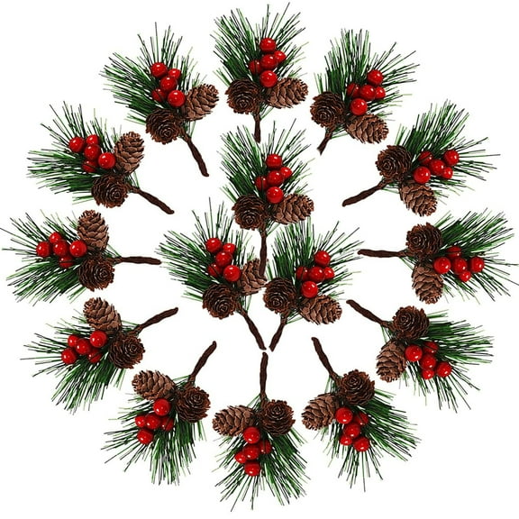 15Pcs Christmas Red Berry Stem Floral Pine Cone Artificial Pine Branch Evergreen Branch Pine Cone Decoration Christmas Decoration DIY Holiday Crafts Garland Decoration