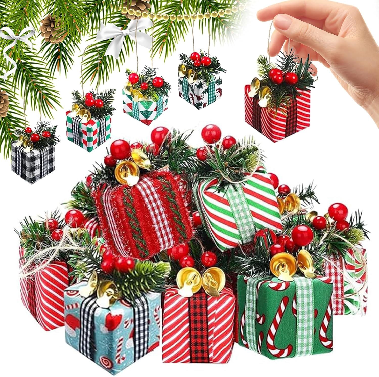 15Pcs Christmas Tree Mini Gift Boxes Christmas Tree Hanging Decorations with Bells Christmas Indoor and Outdoor Ornaments Festive Decoration