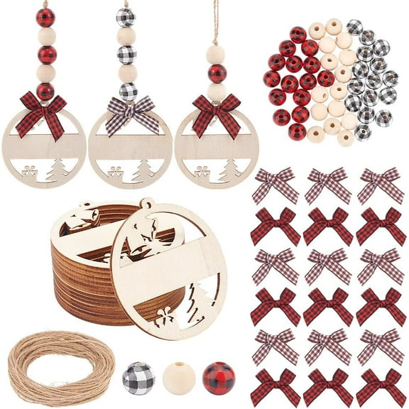 15Pcs Christmas Wooden Name Tags Christmas Stocking Name Tags with Wood Beads Buffalo Check Bows Xmas Stocking Hanging Tag for Christmas Home Hanging Decoration