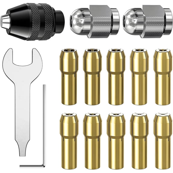 15Pcs Chuck Collet Set for Dremel Tool Accessories, 1/32 (0.8mm) to 1/8 (3.2mm) Shank Replacement 4486 Rotary Tool Keyless Quick Change Chuck Bit with Replacement 4485 Brass Collet Metal Nut