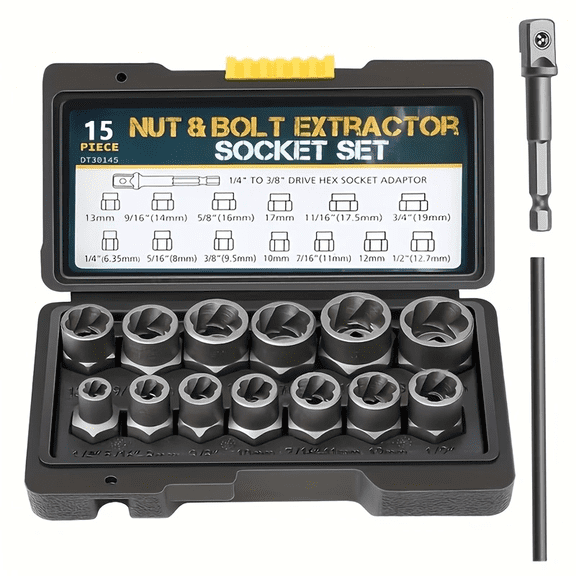 15Pcs Cr-Mo Steel Stripped Bolt Nut Extractor Set with Pry Bar & Socket Adapter, Car Repair Tools Gift for Men