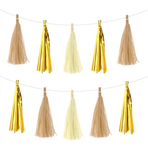 15Pcs Creamy White, Light Yellow, Bright Gold Tassel Garland Banner w Rope for Wedding Birthday Party Decoration