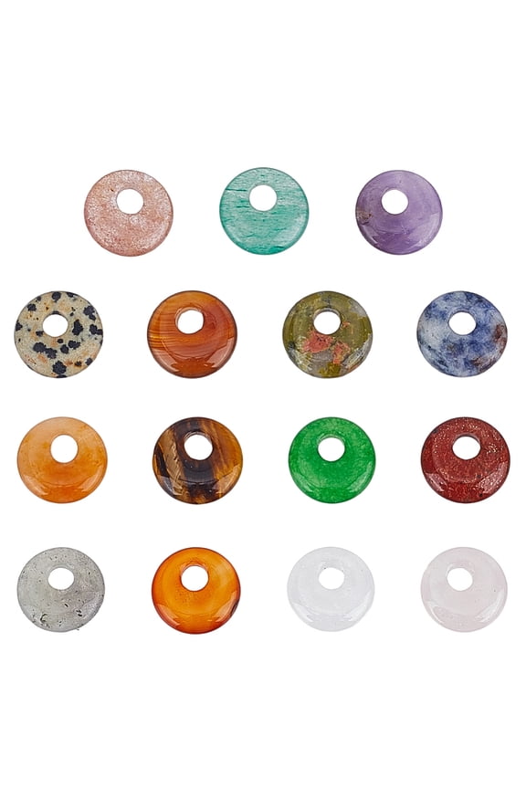 15Pcs Donut Disc Gemstone Pendants Charm 14-14.5mm Donut Disc Natural Stone Pendant Polished Stone Flat Donuts Stones Beads