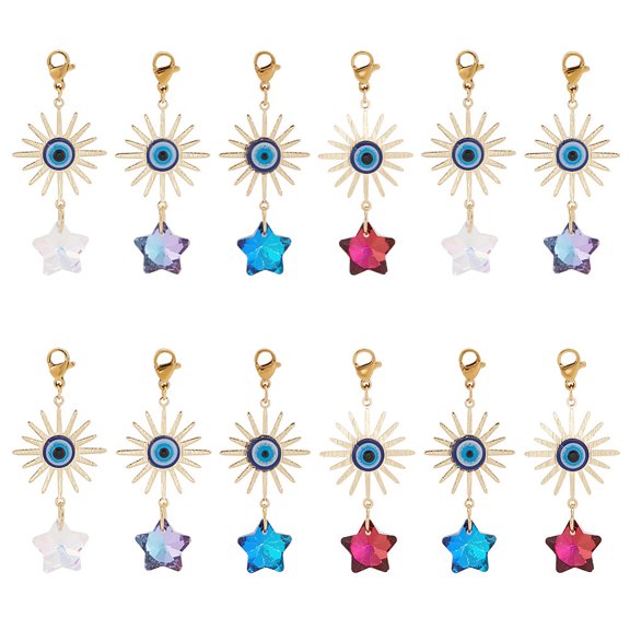 15Pcs Electroplate Glass Star Pendant Decorations with Brass Solar Eclipse Links and Resin Evil Eye Cabochons Mixed Color 52mm