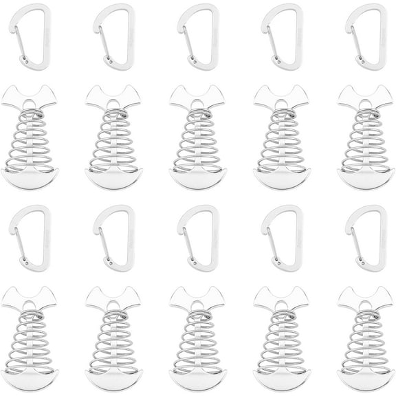 15Pcs Fishbone Guyline Cord Adjuster 3.6Inch Aluminum Alloy Spring Anchor Fishbone Tent Rope Tightene Tent Pegs with Carabiners Deck Tie Down Anchor for Outdoor Camping