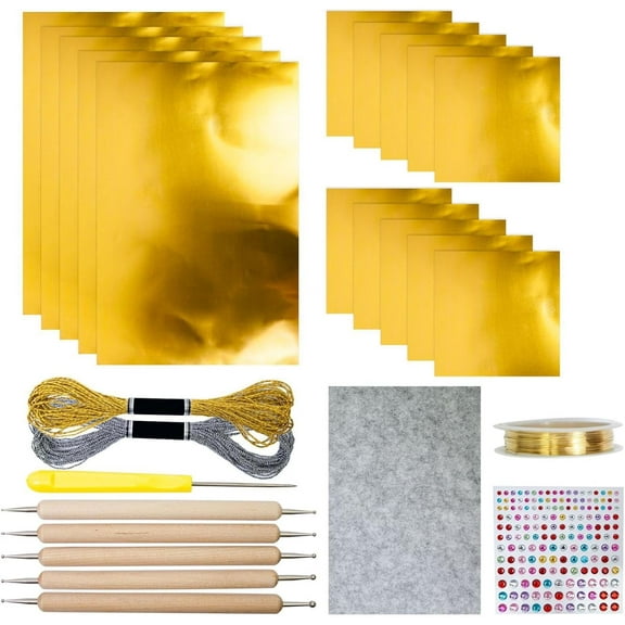 15Pcs Foil Paper Art Foils Sheet - Gold/Silver Foils Sheets, Decorative Metal Sheet Embossing Tools, with 2 Rolls Wire, Engraving Tools, Artwork Making Kit, for Painting Gilding Crafting Decoration