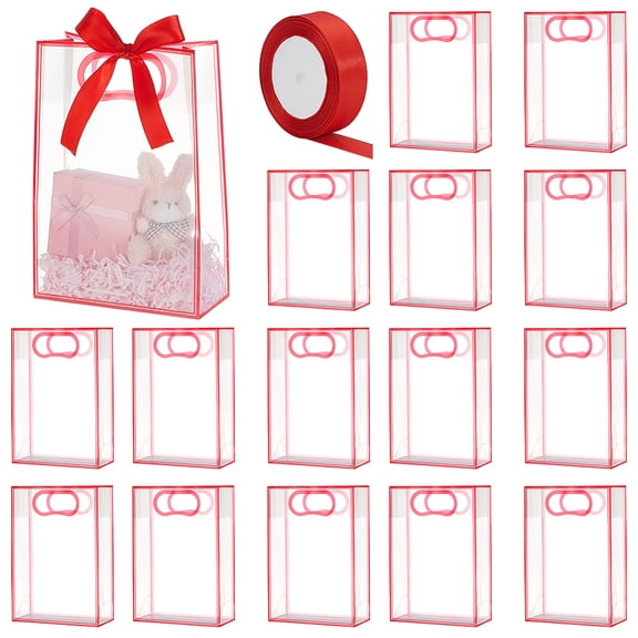15Pcs Frosted Transparent Plastic Gift Bags with Hole Handle Rectangle with 1 Roll Polyester Ribbon Deep Pink 18x8x26cm