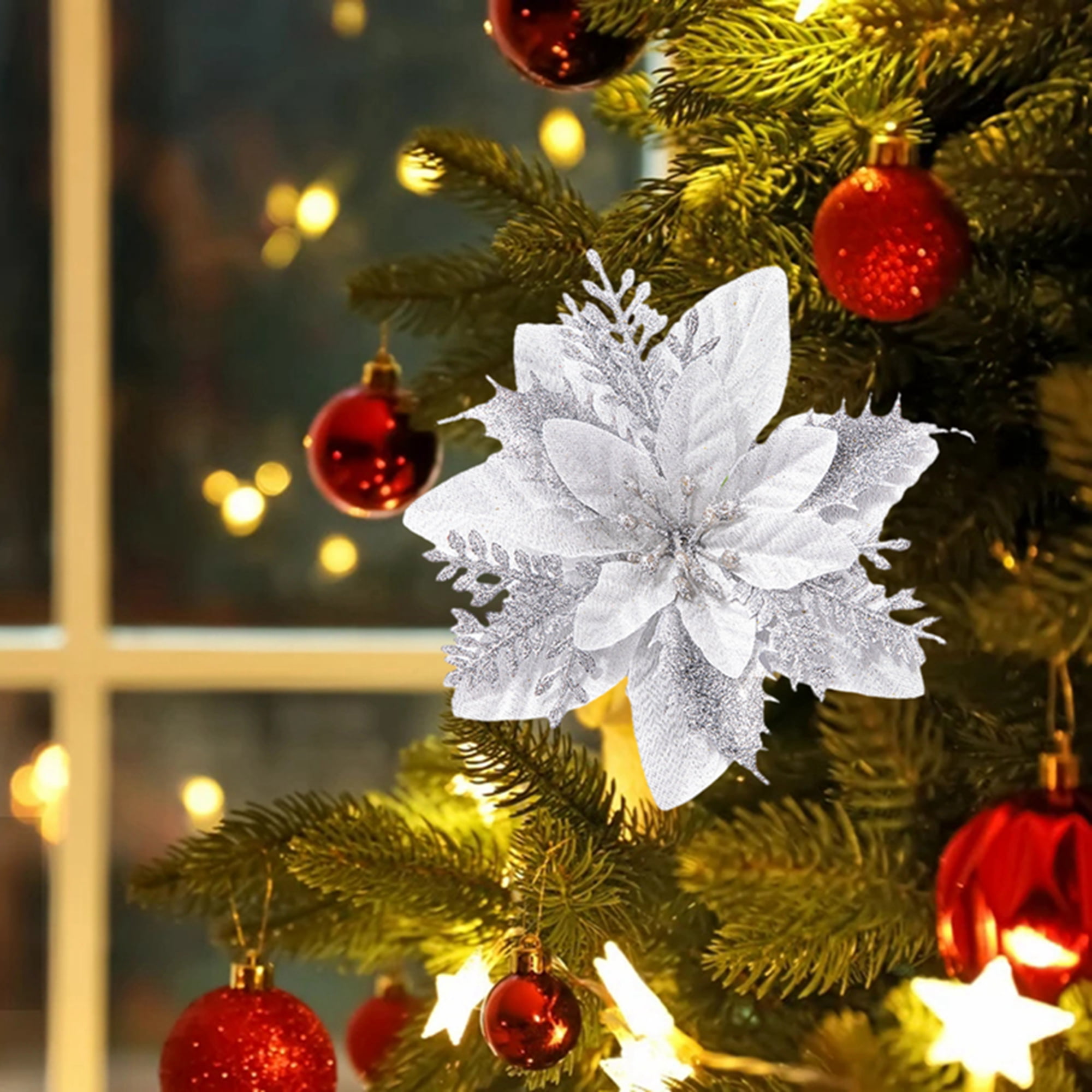 15Pcs Glitter Christmas Poinsettia Artificial Xmas Flower Ornaments