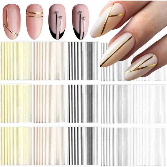 15Pcs Gold Silver Lines Nail Art Stickers Decals 3D Golden French Manicure Strips Self-Adhesive Nails Art Decorations Supplies Geometric Waved Stripe Tape Manicure Sliders for Women DIY