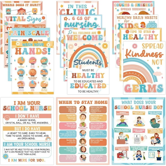 15Pcs Health Posters for School Boho Nurse Office Bulletin Board Decorations 11x14 Inch Retro Groovy Health Education Posters for Kids Back to School Hippie Nurse Supplies Office Classroom Decor