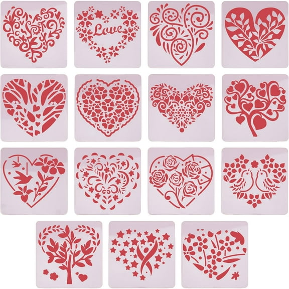 15Pcs Heart Painting Stencils Plastic Reusable Drawing Rectangle Stencil Cut Painting Template Leaves Flowers Love Words for Crafting Wedding Valentine's Day DIY Art Project Wedding