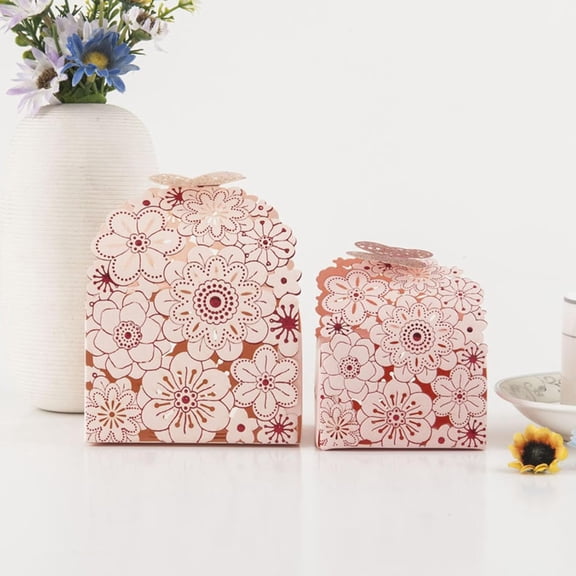 15Pcs Hollow Floral Paper Gift Boxes Rectangle Misty Rose 2.56x2.76x3.15 inch Butterfly Candy Packaging for Wedding Party Favor