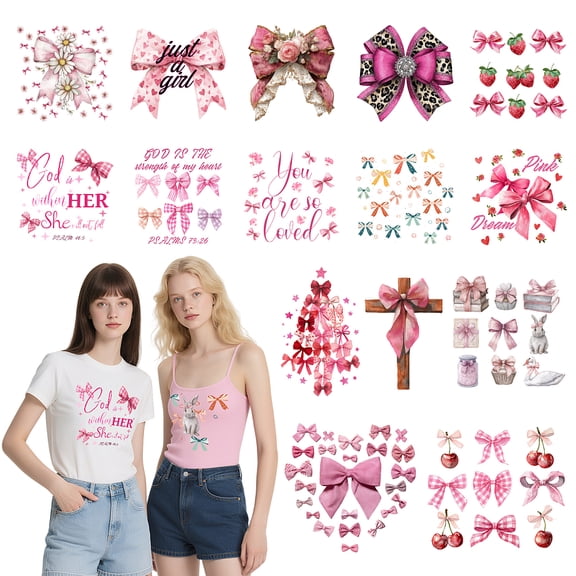 15Pcs Iron on Transfer 15 Style DTF Ready to Press Vinyl Iron on Patch Decal Pink Cute Applique Costume Accessories