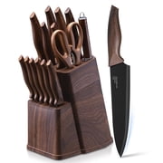 Vesteel Knife Set for Kitchen with Block, 15 Pcs High Carbon Stainless Steel Kitchen Knives Set with Sharpener Kitchen Shears - Walnut Brown