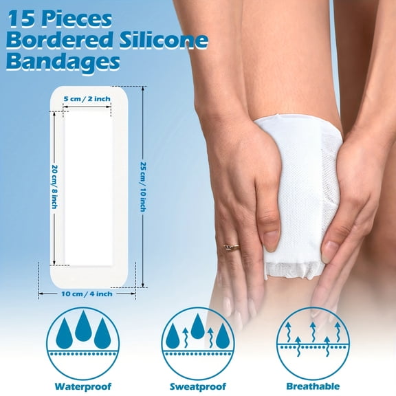 15Pcs Large Bordered Wound Dressings (4x10 Inch), Absorbent Adhesive Bandages with Gentle Adhesive, Individually Wrapped for Post-Bath, Sports & First Aid