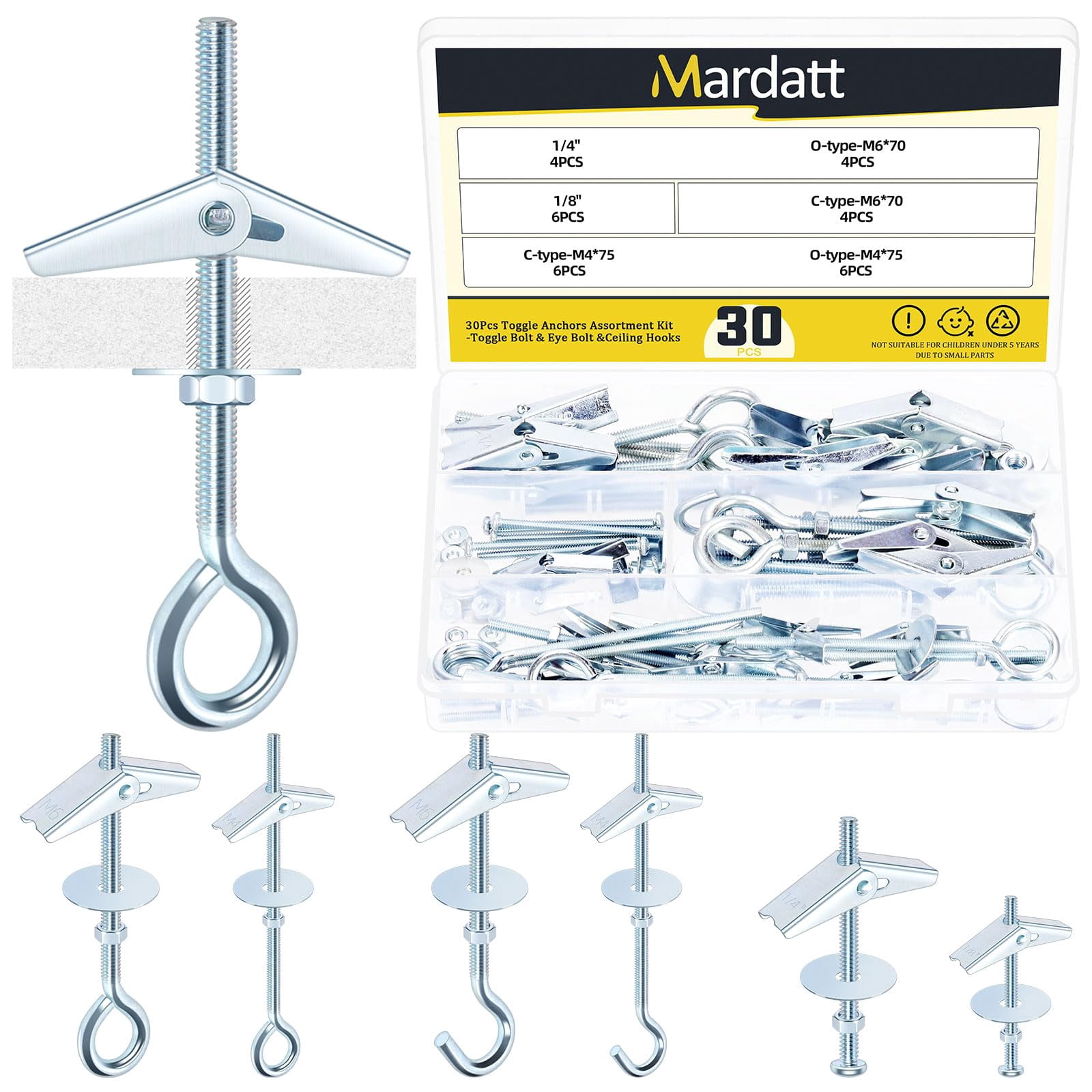 15Pcs M6 x 70mm Eye Bolt Toggle Bolt Assortment Kit, Spring Toggle Bolts Butterfly Anchors Butterfly Toggle Anchors, Heavy Duty Drywall Anchors with Wing Nut for Hanging Lamps Heavy Items