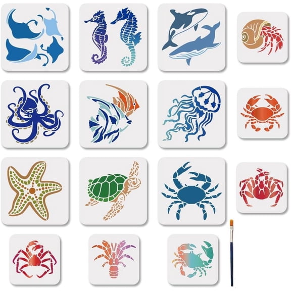 15Pcs Marine Life Stencil Set Crab Shrimp Painting Stencils 7.97.9/5.95.9inch Reusable Jellyfish Drawing Template with Paint Brush for Craft on Window Wood Wall Home Decor colorful