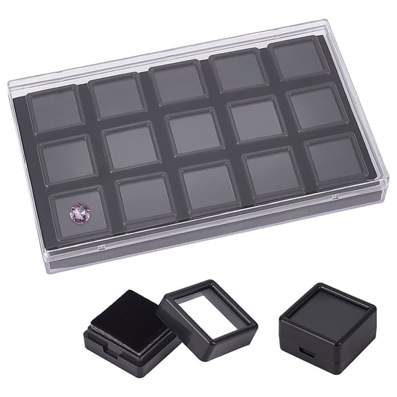 15Pcs Mini Square Acrylic Glass Window Boxes Sets with Sponge Inside and Rectangle Storage Boxes for Loose Storage Black