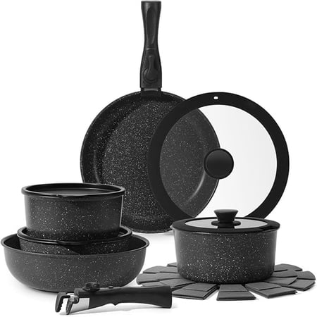 15Pcs Pots and Pans Set Nonstick Cookware Set with Removable Handles, Oven Safe, Induction Compatible - Black