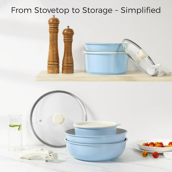 15-Piece Nonstick Cookware Set with Detachable Handles, Blue - Oven Safe, Induction Compatible, Space-Saving Design