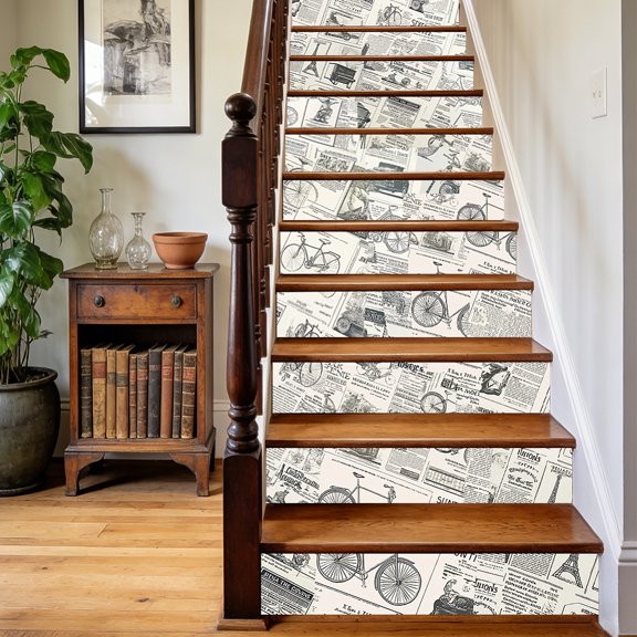 15Pcs PVC Plastic Self-Adhesive Stairs Stickers Waterproof Backsplash Tile Decals Rectangle Newspaper 1000x180mm