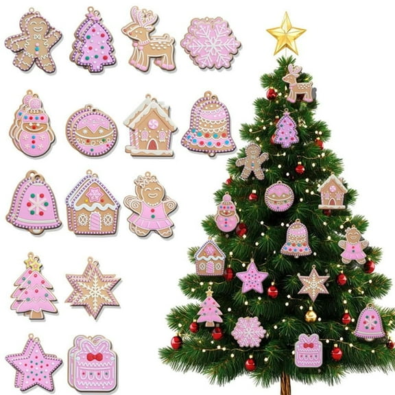 15Pcs Pink Christmas Tree Ornaments, Pink Gingerbread Candy Cane Pendant Charm Cute Tree Wall Hanging Decoration for Xmas Winter Party Supplies