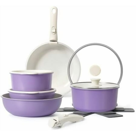15Pcs Pots and Pans Set Non Stick, Cookware Sets with Detachable Handle, Nonstick RV Kitchen Cooking Tools Removable Handles, Oven Safe, Induction Fast, Stackable Induction Cookware, Purple
