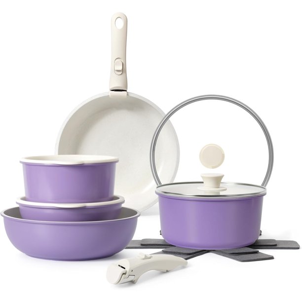 15Pcs Pots and Pans Set Non Stick, Cookware Sets with Detachable Handle, Nonstick RV Kitchen Cooking Tools Removable Handles, Oven Safe, Induction Fast, Stackable Induction Cookware, Purple