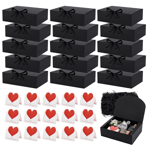 15Pcs Rectangle Paper Gift Storage Boxes with 15Pcs Red Heart Printed Paper Greeting Card and 250G Raffia Crinkle Cut Paper Shred Filler