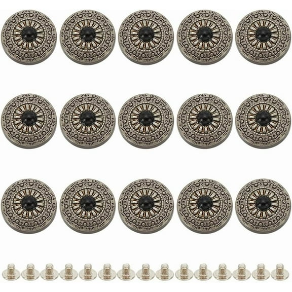 15Pcs Screw Back Buttons 12mm Black Daisy Decorative Buckle Round Conchos Vintage Western Style Replacement Buckle