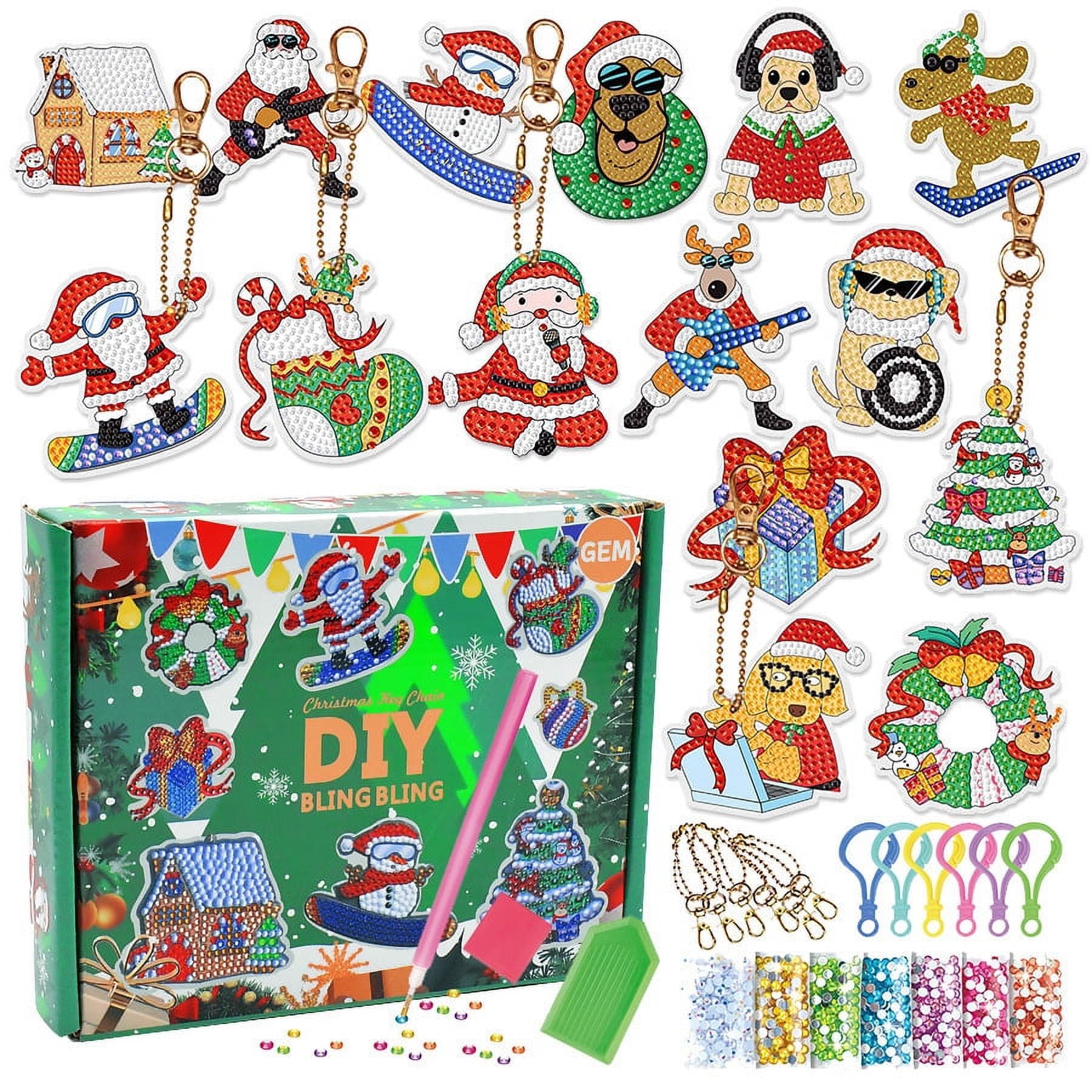 15Pcs/Set Christmas Full Drill 5D Diamond Painting Keychain Art Craft Pendant Key Rings Kit DIY for Christmas Gift Pendant Decorative Hanging Ornament