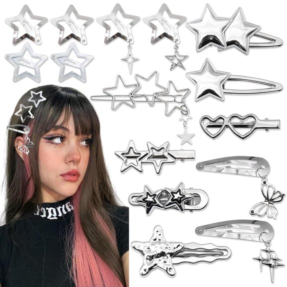 15Pcs Silver Y2K Star Hair Clips Metal Stars Butterfly Snap Hair Barrettes for Women Cute Cool Y2k 2000s Star Hair Accessories for Women and Girls