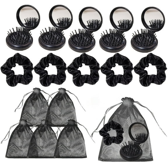 15Pcs Sleepover Party Supplies for Girls- Pink Party Favors, Include Folding Air Cushion Comb, Mirror, Hair Band & Organza Bag, Pink & Black, Ideal for Wedding, Teen Party, Birthday Celebration Gifts