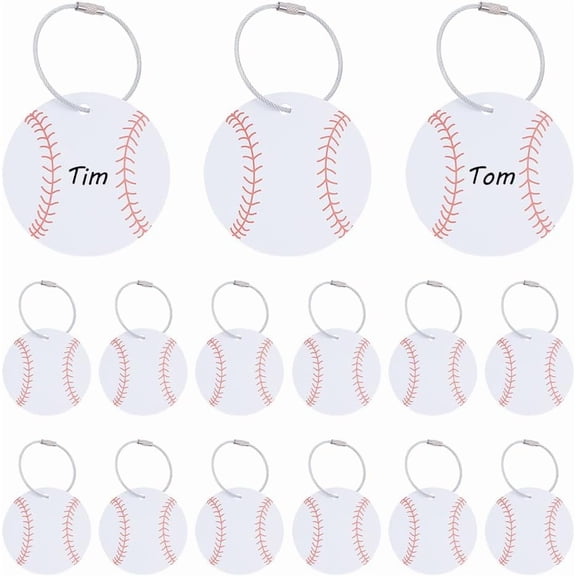 15Pcs Sport Ball Luggage Tags PVC Balls Name Tags White Baseball Suitcase Luggage Tag with 15Pcs Stainless Steel Wire Cable Keychains