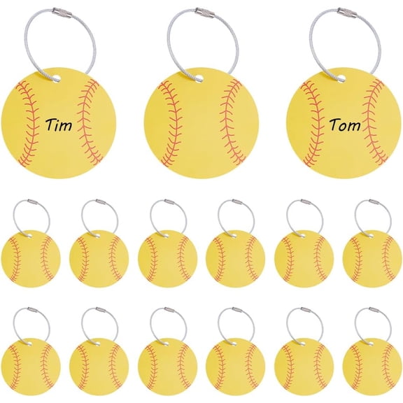 15Pcs Sport Ball Luggage Tags PVC Softball Name Tags Golden Baseball Suitcase Luggage Tag with 15Pcs Stainless Steel Wire Cable