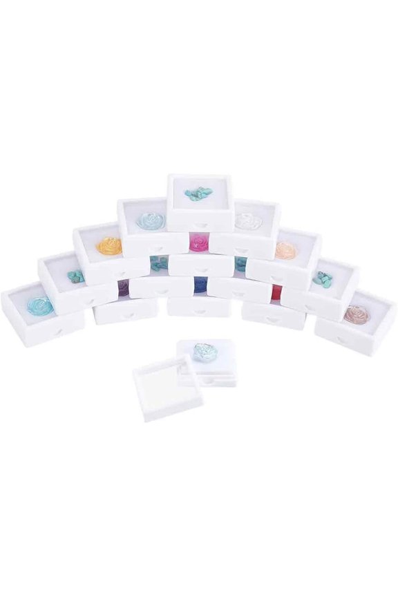 15Pcs Square Diamond Display Box 1.57x1.57 Inch White Mini Gemstone Show Box Plastic Jewelry Box Container with Clear Window for Rhinestone Small Items
