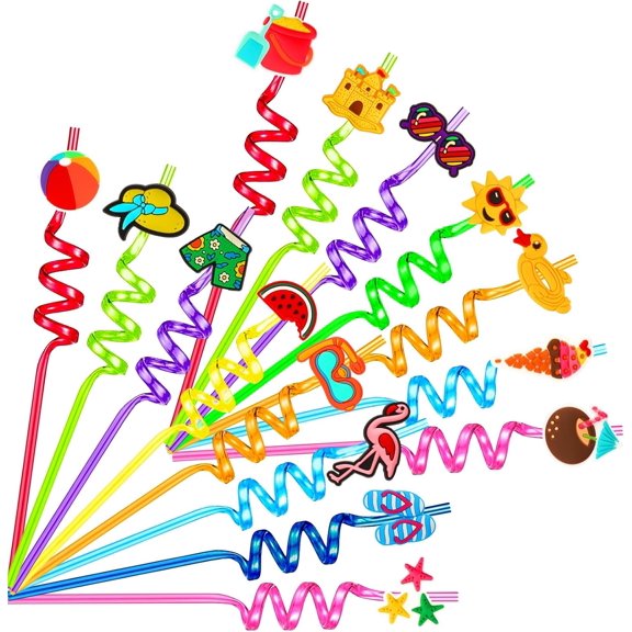 15Pcs Summer Drinking Straws,Beach Pool Party Crazy Silly Straws with 2 Cleaning Brushes Summer Themed Party Favors Decorations