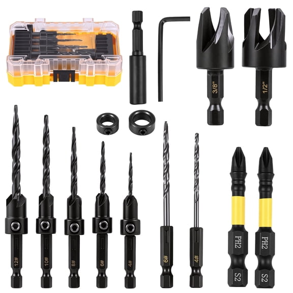 15Pcs Tapered Countersink Drill Bit 1/4 Inch Hex Shank Woodworking Countersink Drill Bit for DIY Projects with Magnetic Extension Holder for Impact Driver