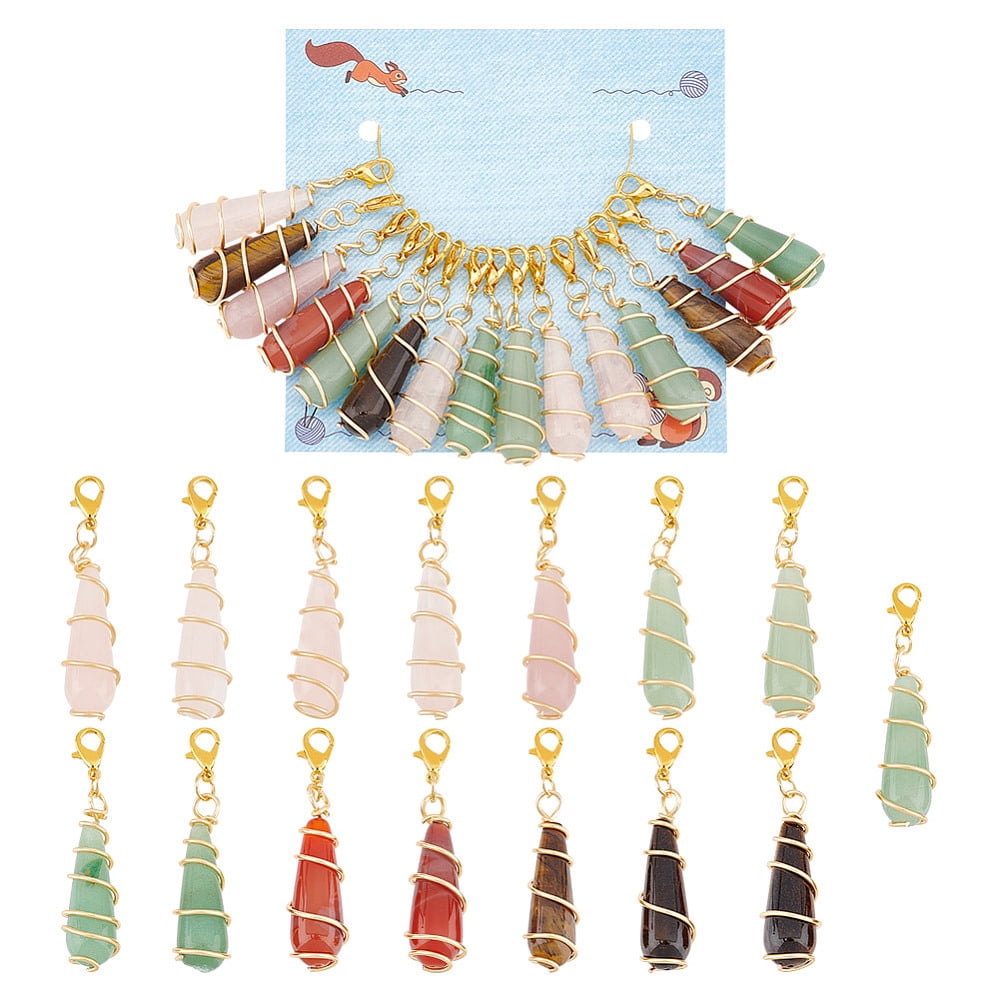 15Pcs Teardrop Mixed Natural Gemstone Charm Locking Stitch Markers Zinc Alloy Lobster Clasp Charm 5cm colorful