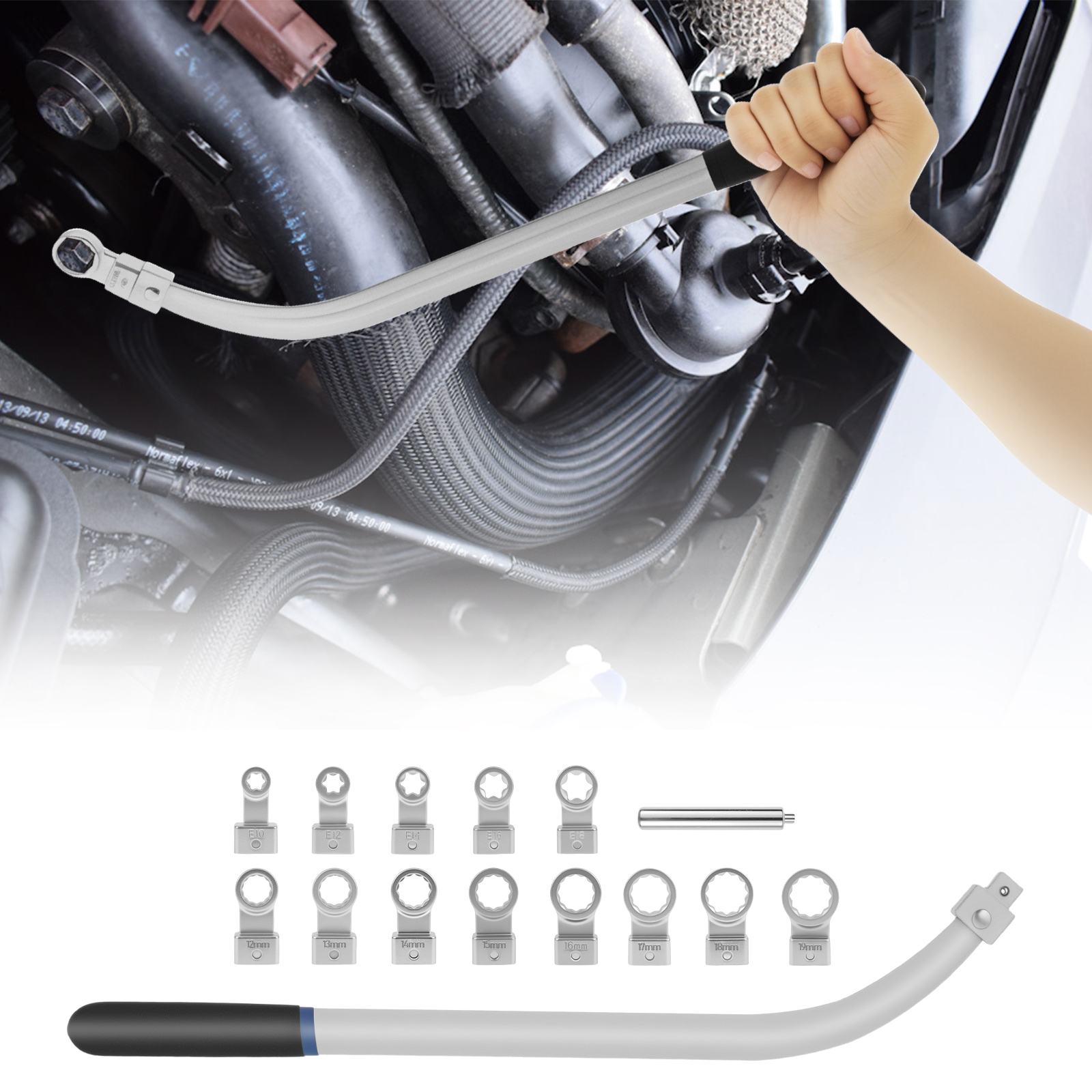 15Pcs Universal Auxiliary Idler Adjustment Wrench with Hex and Dodecagonal Adapters Kit (0.47"-0.74") Serpentine Belt Tension Pulley Wrench Set for Mechanical Repairs