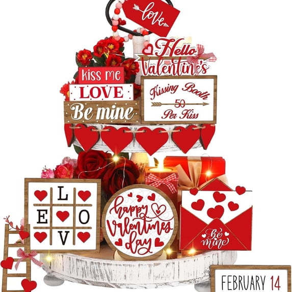 15Pcs Valentine’s Day Tiered Tray Decor Set – Rustic Wooden Tabletop Decorations for Wedding, Party, or Home Display – Heart-Themed Ornaments