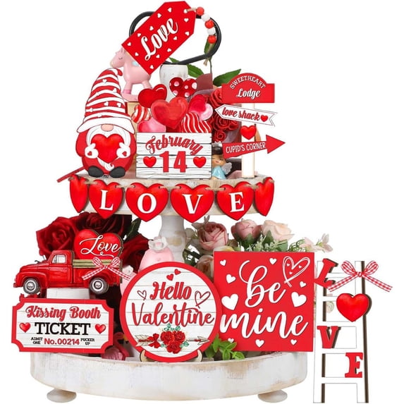 15Pcs Valentine’s Day Tiered Tray Decor Set – Rustic Wooden Tabletop Decorations for Wedding, Party, or Home Display – Heart-Themed Ornaments
