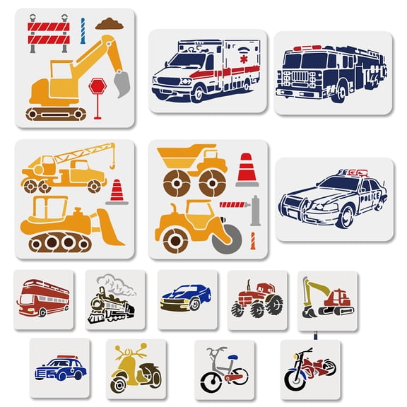 15Pcs Vehicles Theme Stencil Set Construction Vehicle Painting Stencils 5.9~11.8inch Reusable Motorcycle Drawing Template with Paint Brush