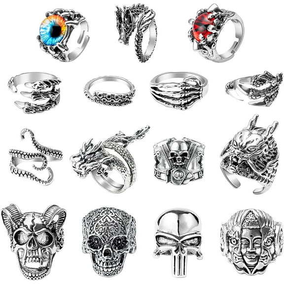 15Pcs Vintage Punk Rings Set  Gothic Alloy Biker Adjustable Rings  Skeleton Skull Evil Eye Chinese Dragon Claw Octopus Dragon Rings  Fashion Retro Black Silver Antique Jewelry