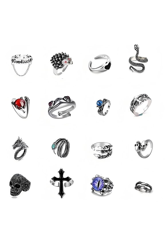 15Pcs Vintage Punk Rings Set  Gothic Alloy Biker Adjustable Rings  Skeleton Skull Evil Eye Chinese Dragon Claw Octopus Dragon Rings  Fashion Retro Black Silver Antique Jewelry