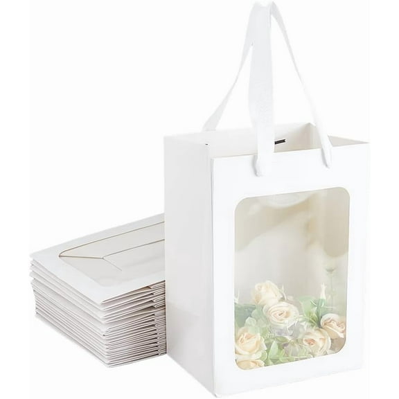 15Pcs White Gift Bags with Window Bulk 9.8x7.09x5.16Inch Transparent Paper Bags Clear Shopping Bags with Handles Tote Paper Bags for DIY Birthday Weddings Party Festival Gift Packing