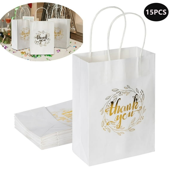 15Pcs White Thank You Gifts Paper Bags with Handles Bulk 6.3x3.1x8.6in Gold Foil Gift Bags Thank You Paper Bags for Wedding, Birthday, Baby Shower