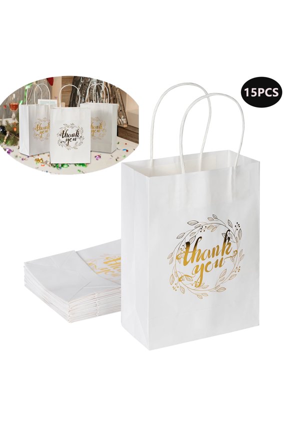 15Pcs White Thank You Gifts Paper Bags with Handles Bulk 6.3x3.1x8.6in Gold Foil Gift Bags Thank You Paper Bags for Wedding, Birthday, Baby Shower